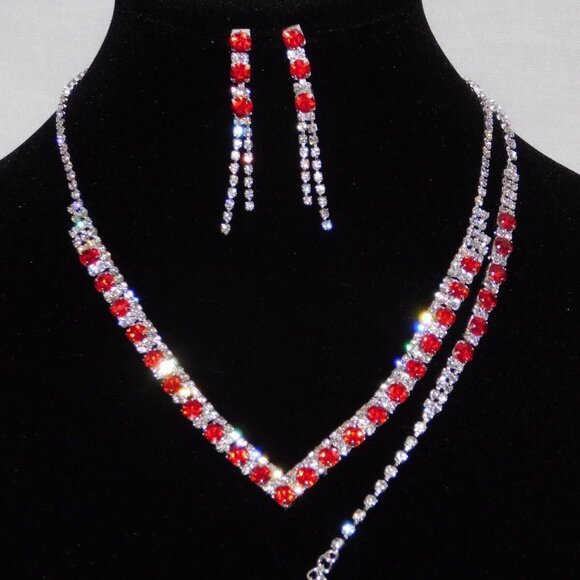 Jewelry | 3pc Set Silver Red Ruby Rhinestone Necklace Earring Bracelet ...